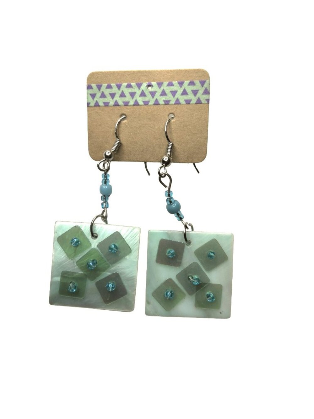 Acylic Earrings Blue Geometric Square Beaded  Hook Drop Dangle Boho Artisan USA